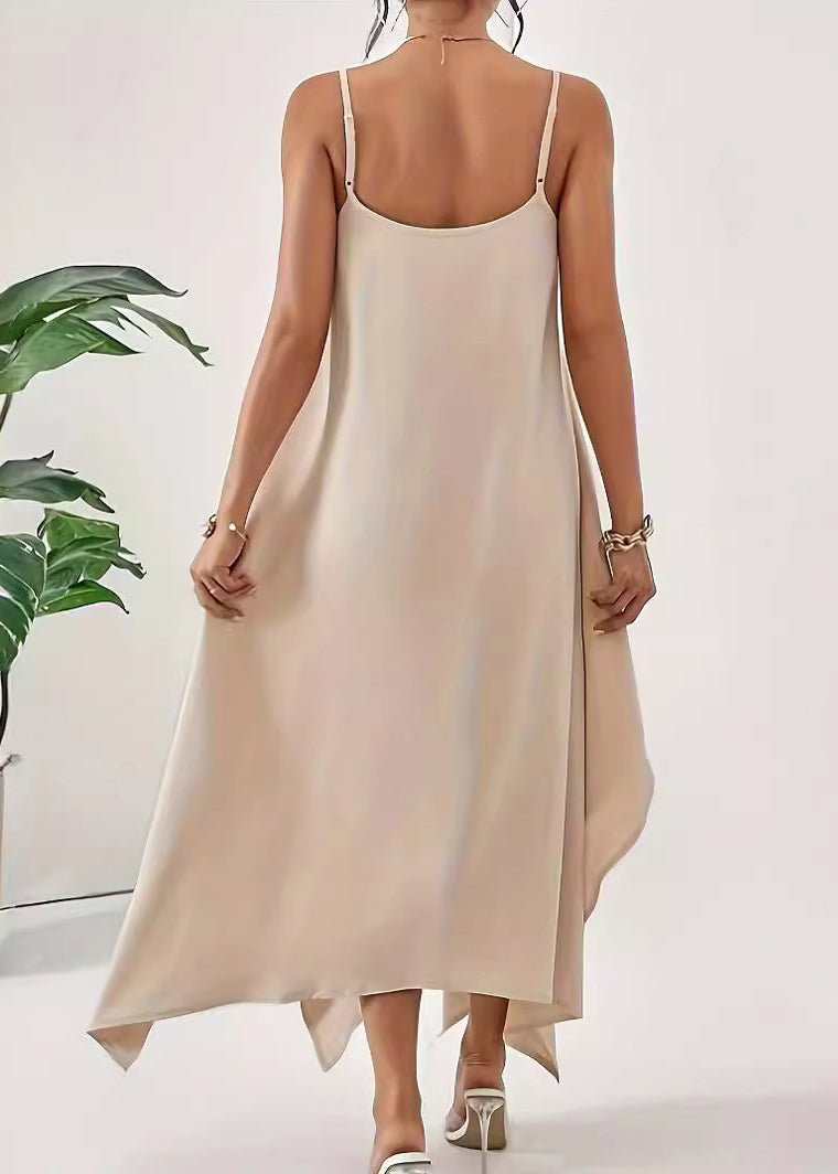 Solid Dress Simple Strap Cotton Asymmetrical Spaghetti Apricot FashionChic