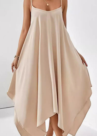 Simple Solid Cotton Dress Spaghetti Apricot Strap Asymmetrical FashionChic
