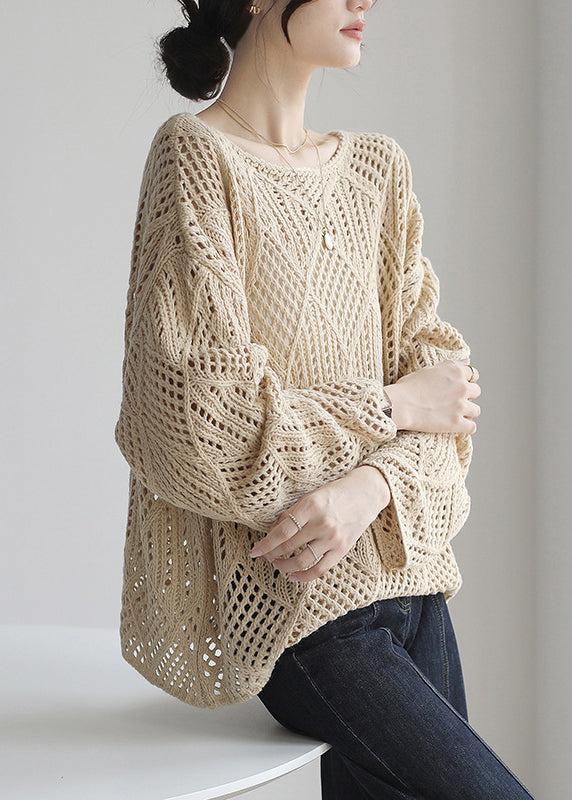 Simple Apricot O Neck Hollow Out Knit Sweater Spring TF019