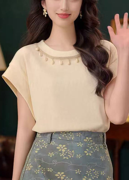 Summer Cotton Neck O Solid Apricot Simple Shirts T FashionChic