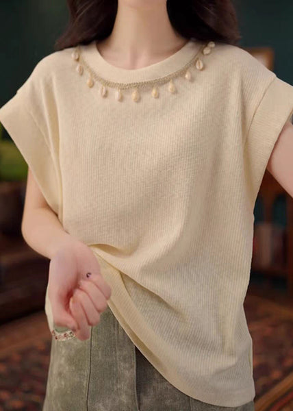 Summer Cotton Neck O Solid Apricot Simple Shirts T FashionChic