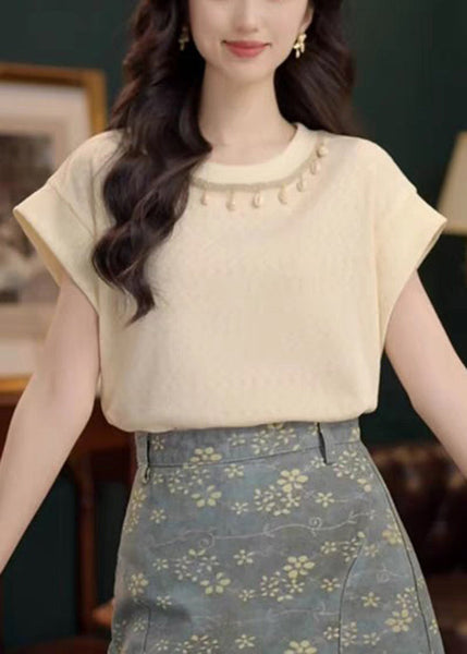 Summer Cotton Neck O Solid Apricot Simple Shirts T FashionChic