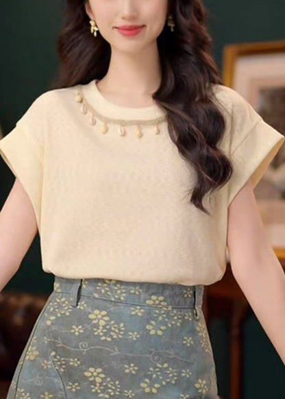 Summer Cotton Neck O Solid Apricot Simple Shirts T FashionChic