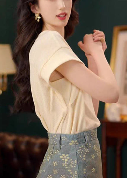 Summer Cotton Neck O Solid Apricot Simple Shirts T FashionChic