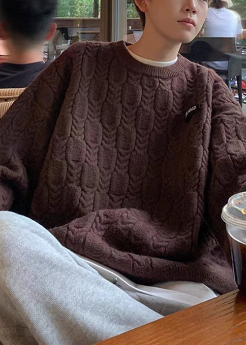 Simple Apricot O Neck Thick Cable Knit Mens Sweaters Fall QH033 MENSW241019