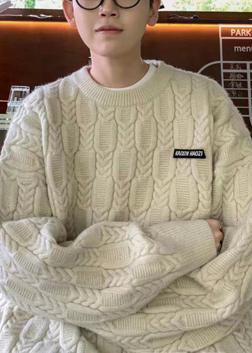 Simple Apricot O Neck Thick Cable Knit Mens Sweaters Fall QH033 MENSW241019