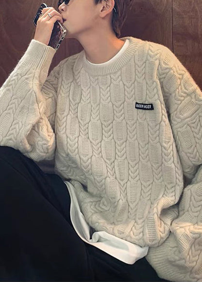 Simple Apricot O Neck Thick Cable Knit Mens Sweaters Fall QH033 MENSW241019