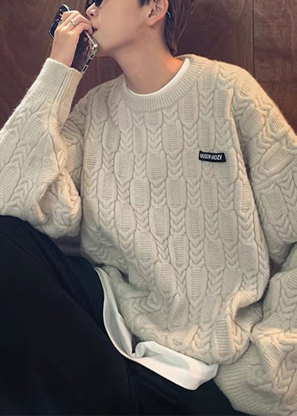 Simple Apricot O Neck Thick Cable Knit Mens Sweaters Fall QH033 MENSW241019
