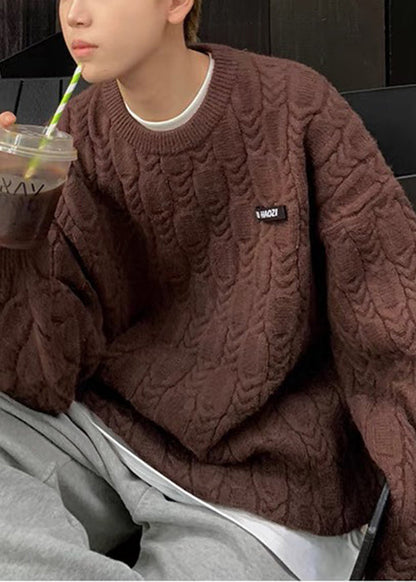 Simple Apricot O Neck Thick Cable Knit Mens Sweaters Fall QH033 MENSW241019