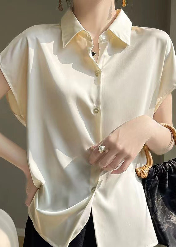 Simple Apricot Peter Pan Collar Button Silk Shirt Summer OP1095 Ada Fashion