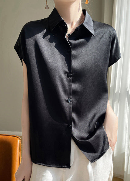 Simple Apricot Peter Pan Collar Button Silk Shirt Summer OP1095 Ada Fashion