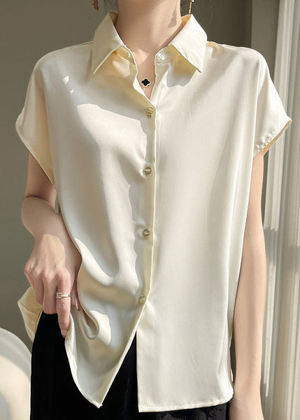 Simple Apricot Peter Pan Collar Button Silk Shirt Summer OP1095 Ada Fashion