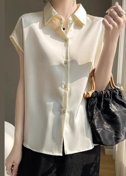 Simple Apricot Peter Pan Collar Button Silk Shirt Summer OP1095 Ada Fashion