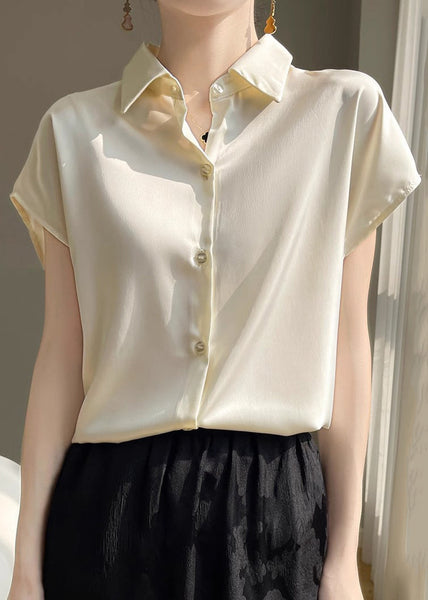 Simple Apricot Peter Pan Collar Button Silk Shirt Summer OP1095 Ada Fashion
