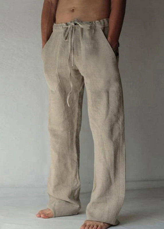 Elastic Summer Apricot Pants Waist Simple Pockets Linen Mens FashionChic