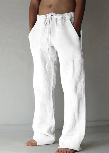Elastic Summer Apricot Pants Waist Simple Pockets Linen Mens FashionChic