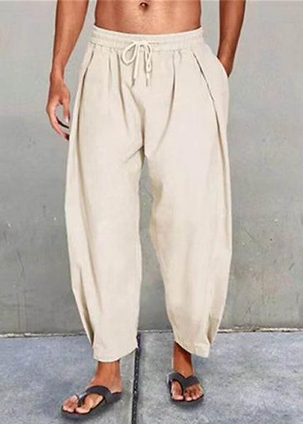 Crop Summer Waist Elastic Men Solid Simple Apricot Pants Cotton FashionChic