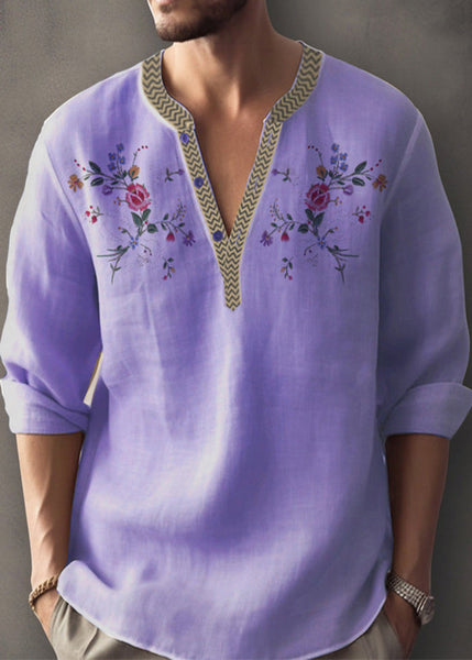 Neck Apricot Simple Print Shirt V Mens Cotton Fall FashionChic