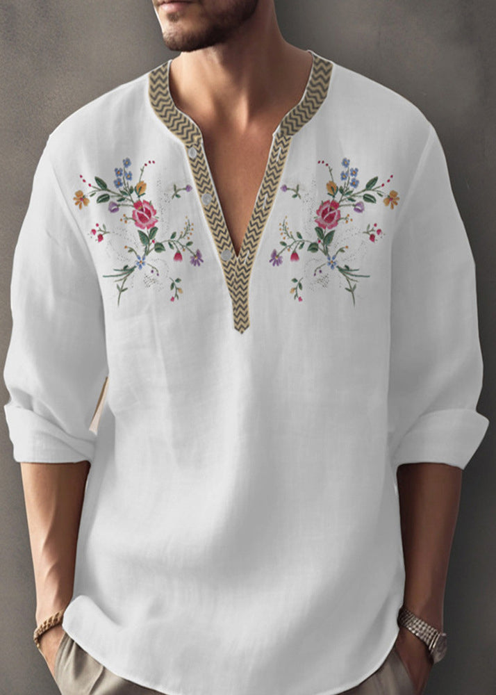 Neck Apricot Simple Print Shirt V Mens Cotton Fall FashionChic