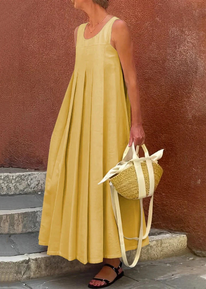 Sleeveless Simple Long Apricot Cotton Solid Wrinkled Dress FashionChic