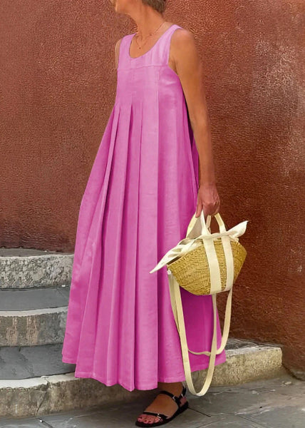 Sleeveless Simple Long Apricot Cotton Solid Wrinkled Dress FashionChic