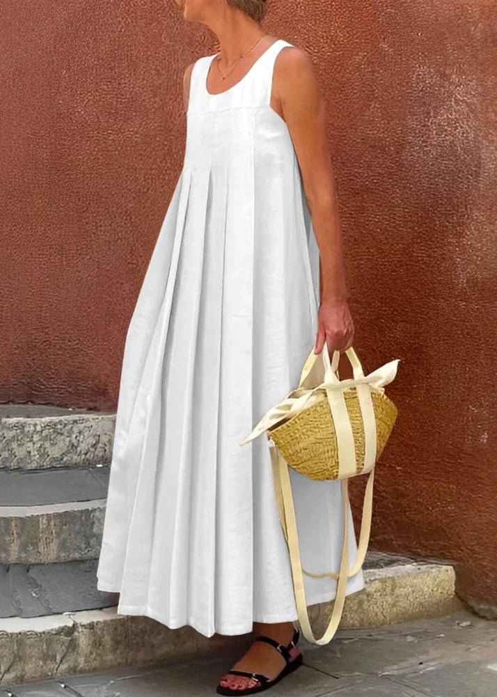 Sleeveless Simple Long Apricot Cotton Solid Wrinkled Dress FashionChic