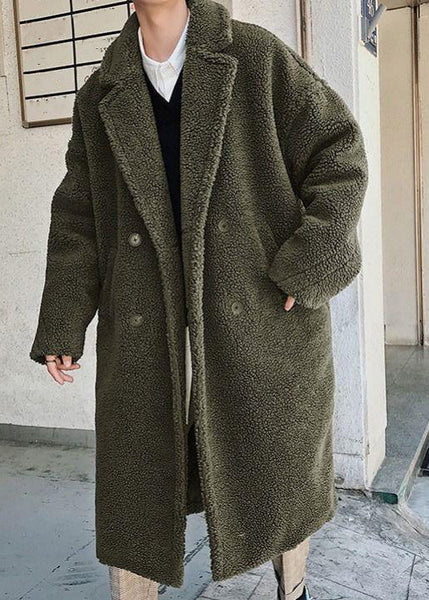 Simple Army Green Button Pockets Solid Teddy Faux Fur Men Coat Winter RO049 ABC
