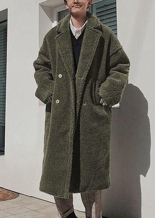 Simple Army Green Button Pockets Solid Teddy Faux Fur Men Coat Winter RO049 ABC
