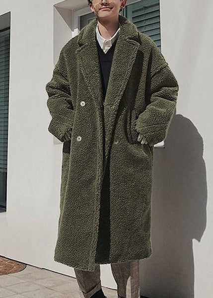 Simple Army Green Button Pockets Solid Teddy Faux Fur Men Coat Winter RO049 ABC