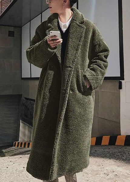 Simple Army Green Button Pockets Solid Teddy Faux Fur Men Coat Winter RO049 ABC