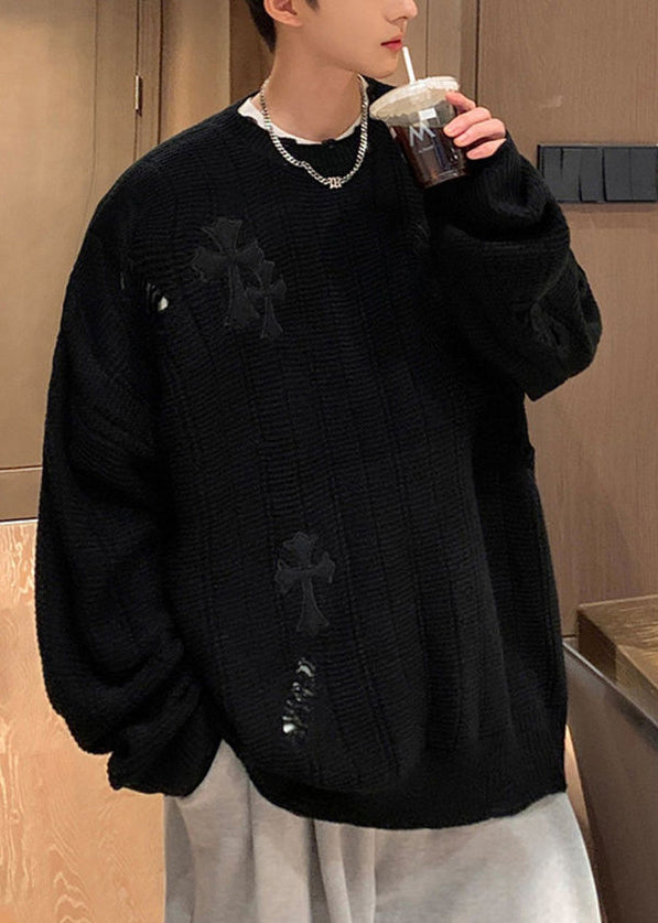 Simple Army Green Embroideried Hollow Out Knit Mens Sweaters Winter QF038 MENSW241016