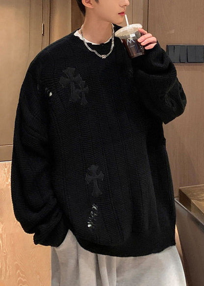 Simple Army Green Embroideried Hollow Out Knit Mens Sweaters Winter QF038 MENSW241016