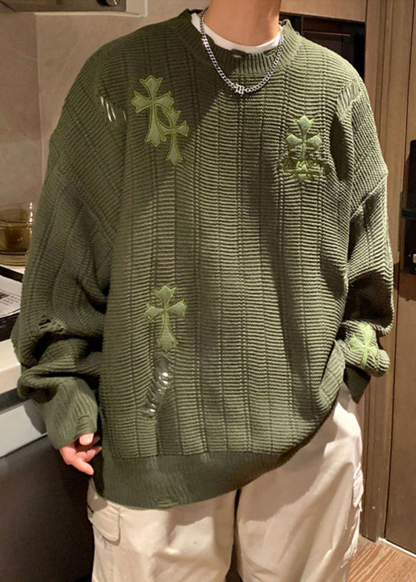 Simple Army Green Embroideried Hollow Out Knit Mens Sweaters Winter QF038 MENSW241016