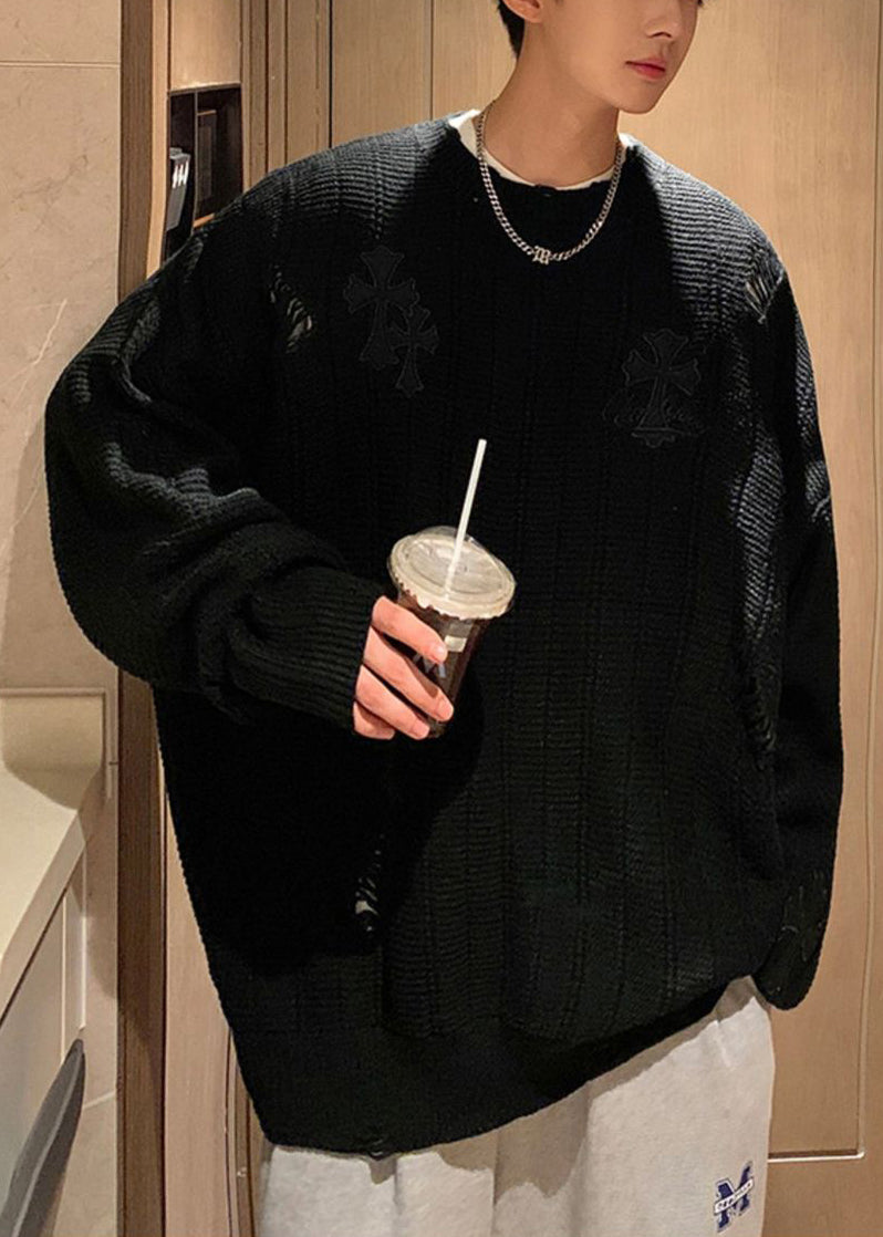 Simple Army Green Embroideried Hollow Out Knit Mens Sweaters Winter QF038 MENSW241016