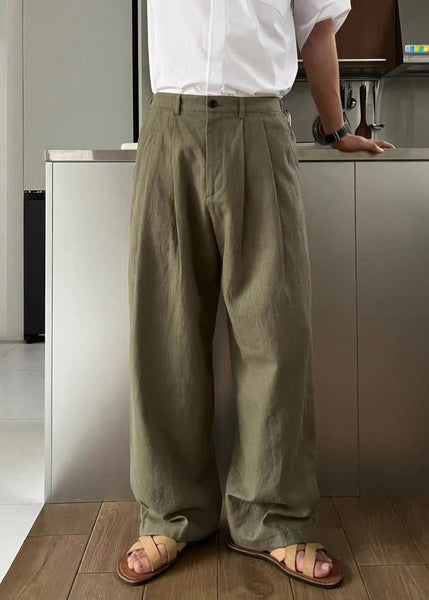 Waist Men Green Army Solid Linen High Summer Pants Simple FashionChic