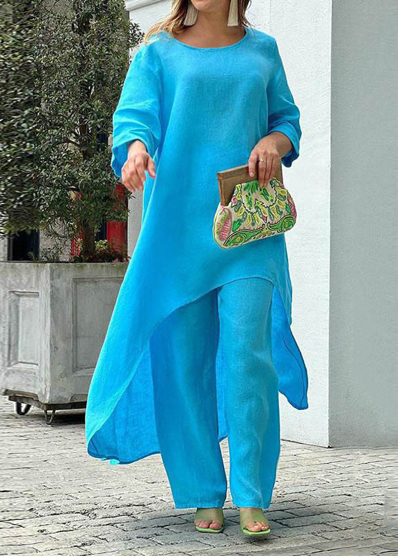 Patchwork Blue And Baby Asymmetrical Simple Top Leg Wide Pants FashionChic