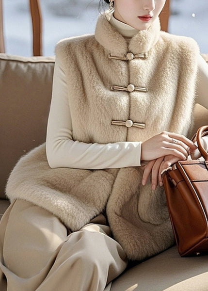 Simple Beige Button Pockets Fuzzy Fur Fluffy Sleeveless RZ010 ABC