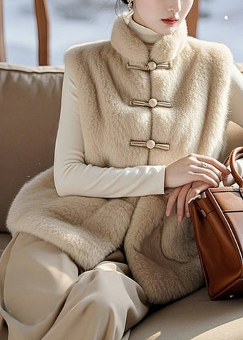 Simple Beige Button Pockets Fuzzy Fur Fluffy Sleeveless RZ010 ABC