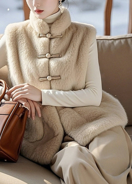 Simple Beige Button Pockets Fuzzy Fur Fluffy Sleeveless RZ010 ABC