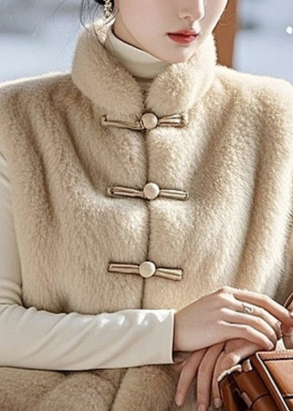 Simple Beige Button Pockets Fuzzy Fur Fluffy Sleeveless RZ010 ABC