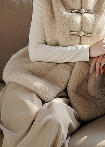Simple Beige Button Pockets Fuzzy Fur Fluffy Sleeveless RZ010 ABC