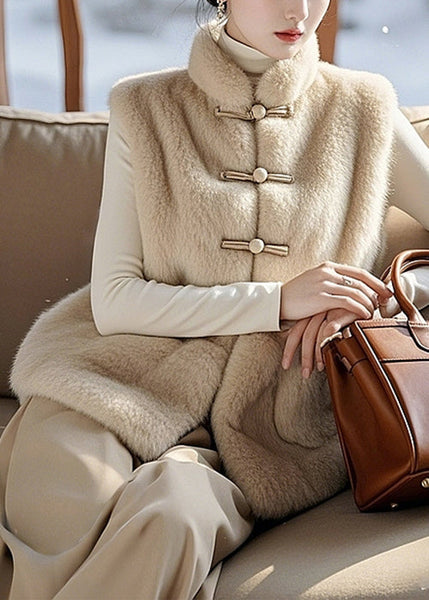 Simple Beige Button Pockets Fuzzy Fur Fluffy Sleeveless RZ010 ABC