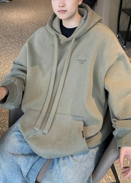 Simple Beige Hooded Pockets Warm Fleece Mens Sweatshirt Winter RP062 ABC