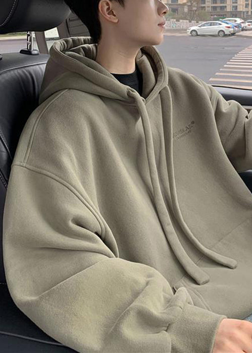 Simple Beige Hooded Pockets Warm Fleece Mens Sweatshirt Winter RP062 ABC