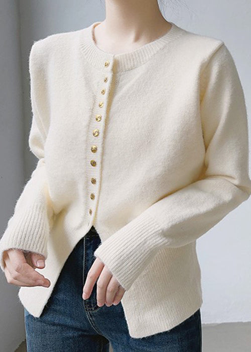 Simple Beige O Neck Button Patchwork Cotton Knit Tops Fall TU055