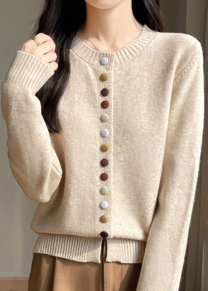 Simple Beige O Neck Button Woolen Coats Spring TF029
