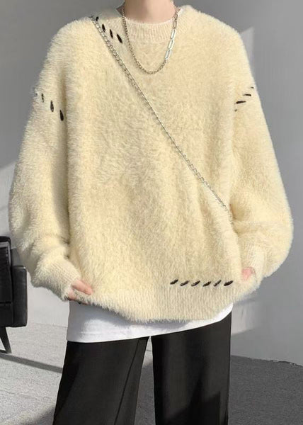 Simple Beige O Neck Solid Mink Hair Knitted Men Sweater Winter RC040 ABC