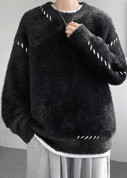 Simple Beige O Neck Solid Mink Hair Knitted Men Sweater Winter RC040 ABC