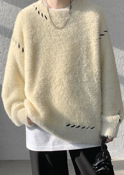 Simple Beige O Neck Solid Mink Hair Knitted Men Sweater Winter RC040 ABC