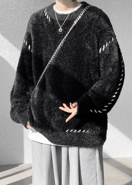 Simple Beige O Neck Solid Mink Hair Knitted Men Sweater Winter RC040 ABC
